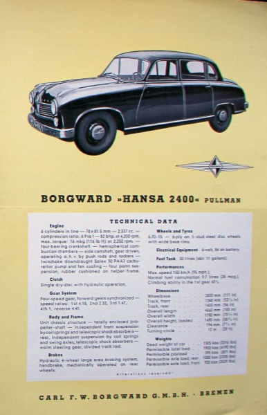 Borgward Hansa 2400 Pullman Modelprogram 1952 Carbrochure (10074)